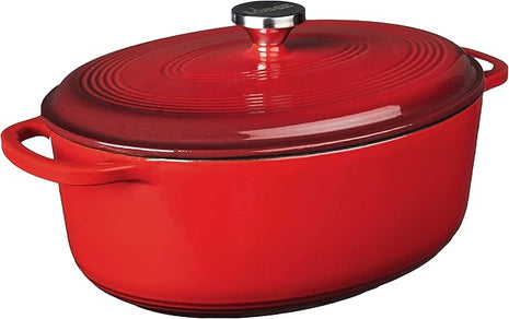 Lodge 7 Quart Enameled Cast Iron Oval Dutch Oven with Lid – Dual Handles – Oven Safe up to 500° F or on Stovetop - Use to Marinate, Cook, Bake, Refrigerate and Serve – Red