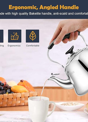 Tea Kettle Stovetop Whistling Teakettle ClassicTeapot Stainless Steel Tea Pots for Stove Top with Heat-resistant Folding Handle Mirror Finish, 2 liters