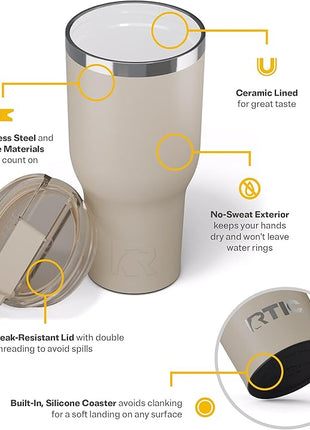 RTIC 40oz Essential Tumbler with Lid, Ceramic Lined, Insulated, Stainless Steel, Metal, Double Wall Vacuum-Insulation, Travel Cup for Iced Coffee, Tea, Hot and Cold Drink, Beach
