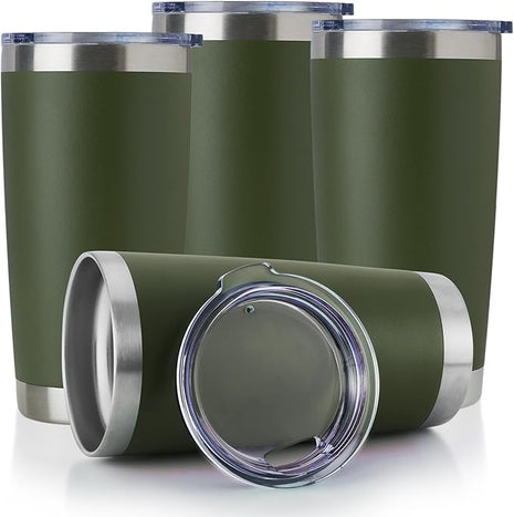 DOMICARE 20oz Stainless Steel Tumbler Bulk with Lid, Double Wall Vacuum Insulated Travel Mug, Powder Coated Coffee Cup (Army Green, 4)
