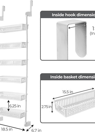 Smart Design Over-The-Door Organizer for Storage – Perfect for Pantry Organization, Bedroom, Bathroom Storage, Playroom, or Kitchen - Adjustable Steel Frame with 6 Baskets & Wall Mount – White