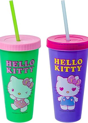 Silver Buffalo Sanrio Hello Kitty Summertime Gardening Color Changing Plastic Tumblers Includes Lid and Straw, 24 Ounces (Pack of 48)