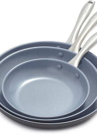 GreenPan Lima Hard Anodized 8" 10" & 12" Frying Pan Skillet Set, Ceramic Nonstick, PFAS-Free Nontoxic Pots & Pans, Oven & Broiler Safe, Stainless Steel Handles, Cookware for Eggs & Omelet, Gray