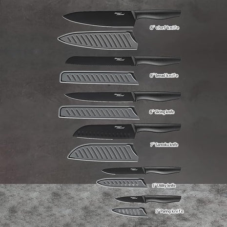 Kitchen Knife Set, KYA38 12-Piece Kitchen Knives Set with Covers, Marco Almond® 6 Knives with 6 Blade Guards, Stainless Steel Cooking Knives Set for Kitchen, Black