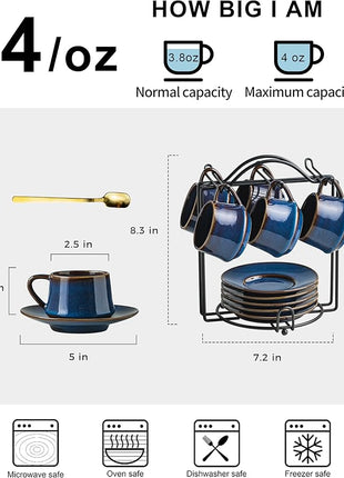 YHOSSEUN Espresso Cups Set of 6, 4 OZ Expresso Shots Cup Small Coffee Cup with Sacuers Metal Stand, Ceramic Espresso Cups for Cappuccino, Latte, Cafe Mocha and Tea, Blue