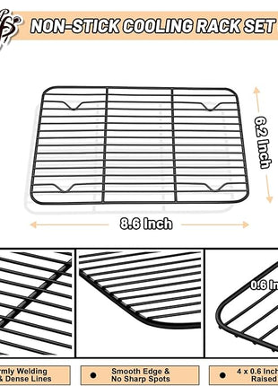 P&P CHEF Cooling Baking Rack Pack of 2, Stainless Steel Cooling Racks for Cooking Baking Roasting Grilling Drying, Dense Wires & Smooth Edge, Easy to clean, Black, 8.6" x 6.2"