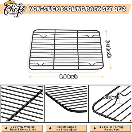 P&P CHEF Cooling Baking Rack Pack of 2, Stainless Steel Cooling Racks for Cooking Baking Roasting Grilling Drying, Dense Wires & Smooth Edge, Easy to clean, Black, 8.6" x 6.2"
