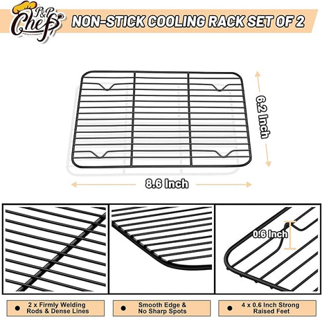 P&P CHEF Cooling Baking Rack Pack of 2, Stainless Steel Cooling Racks for Cooking Baking Roasting Grilling Drying, Dense Wires & Smooth Edge, Easy to clean, Black, 8.6" x 6.2"