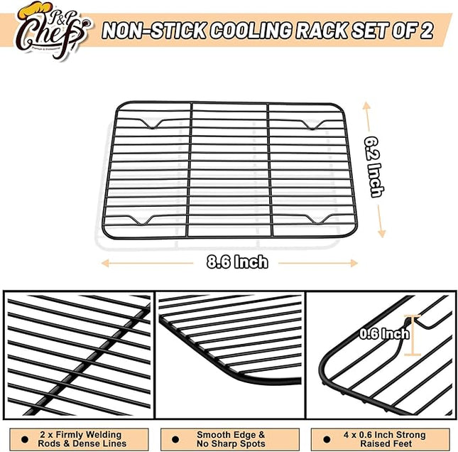P&P CHEF Cooling Baking Rack Pack of 2, Stainless Steel Cooling Racks for Cooking Baking Roasting Grilling Drying, Dense Wires & Smooth Edge, Easy to clean, Black, 8.6" x 6.2"