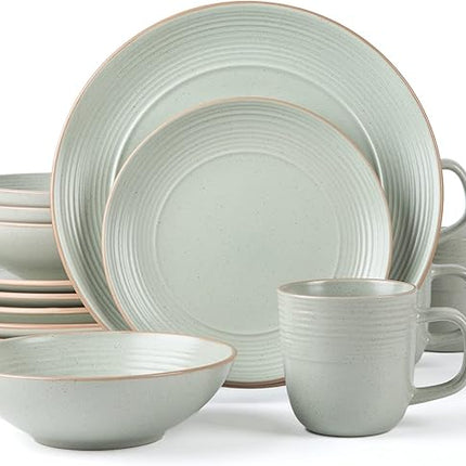 RINGAR Round Stoneware 16pc Dinnerware Set of 4, Dinner Plates, Side Plates, Cereal Bowls, Mugs - Speckle Matte White (406646)