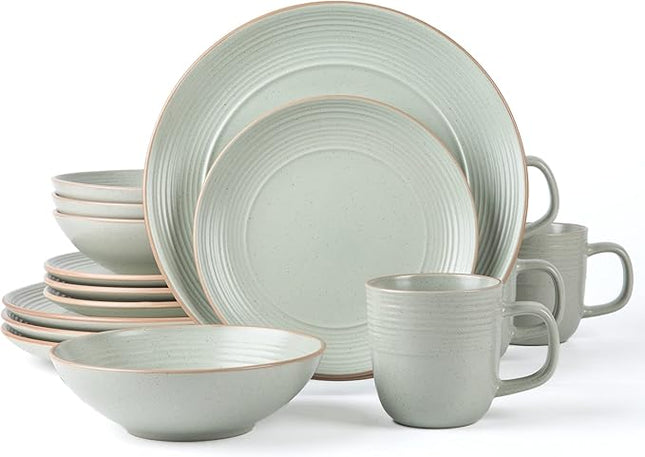 RINGAR Round Stoneware 16pc Dinnerware Set of 4, Dinner Plates, Side Plates, Cereal Bowls, Mugs - Speckle Matte White (406646)