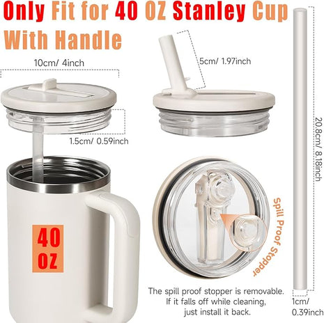 2 Pack Leakproof Lid Replacement 40 oz for Stanley Cup Accessories, Flip Straw Tumbler Leak Proof Lids for Stanley Quencher H2.0, Dust-Proof Straw Cover for stanley cups (Beige,Light Nectarine)