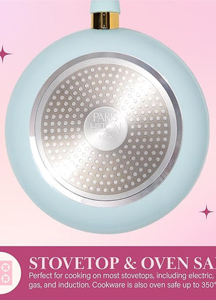 Paris Hilton Epic Nonstick Pots and Pans Set, Multi-layer Nonstick Coating, Tempered Glass Lids, Soft Touch, Stay Cool Handles, Made without PFOA, Dishwasher Safe Cookware Set, 12-Piece, Aqua