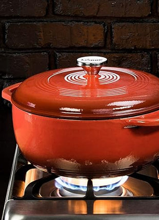 Lodge 7.5 Quart Enameled Cast Iron Dutch Oven with Lid – Dual Handles – Oven Safe up to 500° F or on Stovetop - Use to Marinate, Cook, Bake, Refrigerate and Serve – Poppy