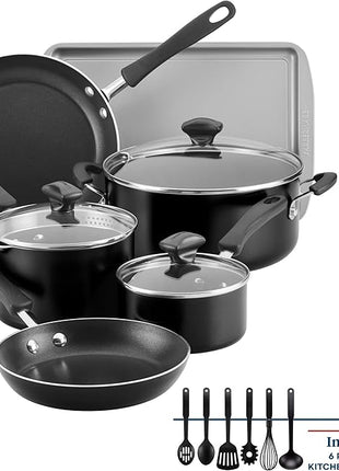 Farberware Cookstart DiamondMax Nonstick Cookware/Pots and Pans Set with Glass Lids, Dishwasher Safe, Includes Baking Pan and Kitchen Cooking Tools, 15 Piece - Black
