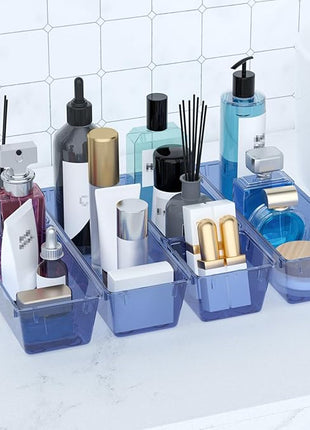 WOWBOX 9 Pack Clear Drawer Organizer Set, Acrylic Drawer Storage Trays, Storage Bins for Makeup, Cosmetics, Jewelries, Utensils, Gadgets, Office, Dark Blue