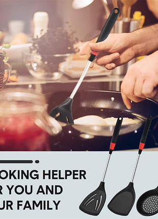 3 Pieces Silicone Stainless Steel Turner Spatula Set Includes Flexible Silicone Wok Spatula Slotted Spatula Skimmer Slotted Spoon for Nonstick Cookware Cooking Baking Supplies