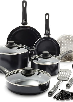 GreenLife Soft Grip Healthy Ceramic Nonstick 12 Piece Kitchen Cookware Pots and Frying Sauce Saute Pans Set, PFAS-Free with Kitchen Utensils and Lid, Dishwasher Safe, Black