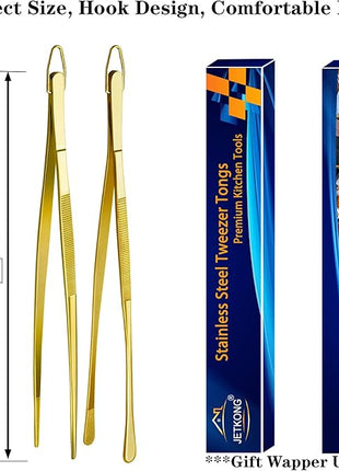 JETKONG 2 Pcs 12-Inch Cooking Tweezers Stainless Steel Food Tweezers Kitchen Tweezer Tongs (Gold)
