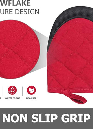 1 Pair Short Oven Mitts, Heat Resistant Silicone Kitchen Mini Oven Mitts for 500 Degrees, Non-Slip Grip Surfaces and Hanging Loop Gloves, Baking Grilling Barbecue Microwave Machine Washable