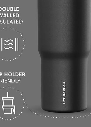 Hydrapeak Nomad 32 oz Tumbler with Handle and Straw Lid, Leakproof, Double Insulated, 32oz Cup, Stainless Steel | Black