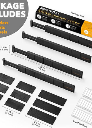 SpaceAid Bamboo Drawer Dividers with Inserts and Labels, Kitchen Adjustable Drawer Organizers, Expandable Organization for Home, Office, Dressers, 4 Dividers with 9 Inserts (17"-22" Black)