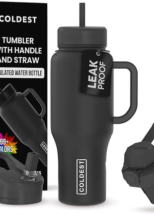Coldest Tumbler with Handle and Straw - 100% Leak Proof Insulated Tumbler with Lid and Straw (3 Lids) - Stainless Steel Tumblers for Women & Men - Cup Holder Friendly Base, 36 oz (Stealth Black)