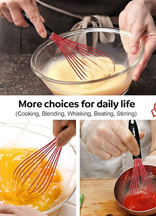 Walfos Whisk,Silicone Whisks- Heat Resistant（480°F） Silicone Whisks for Cooking Non Scratch,BPA free and Dishwasher Safe.Perfect for Blending,Whisking,Beating, Set of 3(Red)