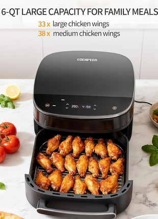 Extra Large Air Fryer,11-IN-1 6 QT 450F Air Fryer with Superior Airflow, Dual Heat Source Technology, Smart Digital Wide Fryer with Basket, Fits a 12" Pizza or 33 Chicken Wings