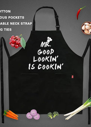 Kitchen Chef Apron - MR. GOOD LOOKIN' IS COOKIN' Funny Aprons for Men Dad - Adjustable Bib Apron with 2 Pockets and 40" Long Ties, Perfect for Cooking, Grilling, BBQ, Baking - Black