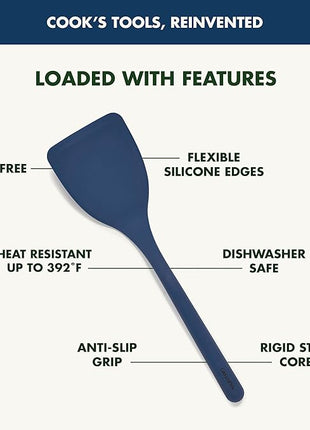 GreenPan Silicone Solid Turner Spatula, Flipping Cooking Kitchen Utensil, Flexible Rubber Nonstick Cookware, Rigid Steel Core, Heat-Resistant, Anti-Slip Handle, BPA-Free, Dishwasher Safe, Blue