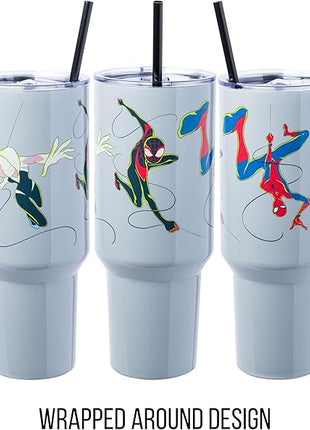 Silver Buffalo Marvel Spiderman Stainless Steel Tumbler with Handle Featuring Spider-Gwen, Miles Morales, and Spiderman, Fits In Standard Cup Holder, 40 Ounces