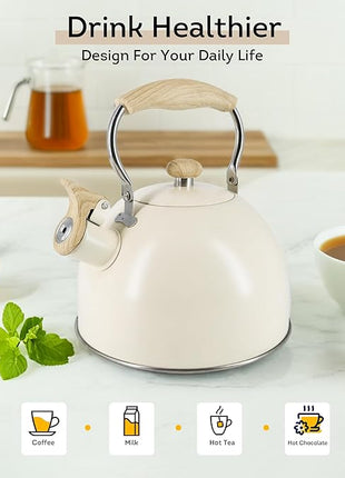Lily's Home Whistling Tea Kettle, Teapot for Stovetop, Pleasant Whistle Sound, Heat Resistant Plastic Handle - Faux Wood Finish, Non Toxic Stove Kettle for Boiling Water - 2.5 Quarts (Cream)