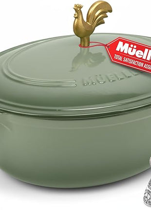 MUELLER HOME 5.5 Quart Enameled Cast Iron Oval Dutch Oven w Rooster Knob & Cotton Potholders, Heavy-Duty Cookware, Oven-Safe up to 500° F & Across All Cooktops, Gifts for Grandma & Women, Thyme Green