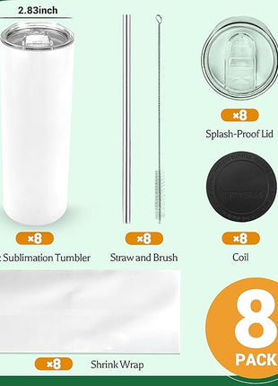 Joyclub 8 Pack Sublimation Tumblers Glow in the Dark 20 oz Bulk Blank Tumblers Skinny Straight Flat Bottom Cups White with Lid and Straw