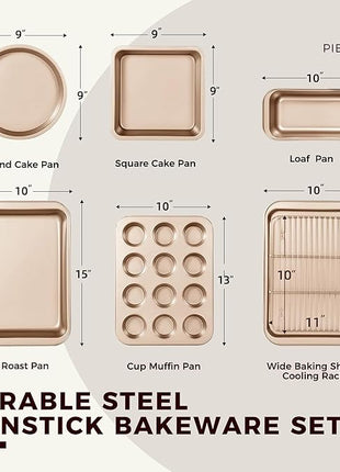 KITESSENSU Baking Pans Sets, Nonstick Bakeware Set 7-Piece with Round/Square Cake Pan, Loaf Pan, Muffin Pan, Cookie Sheet, Roast Pan, Cooling Rack & Silicone Oven Mitts, Carbon Steel Bake Set,Gold