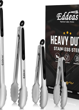 Grill Tongs - BBQ Tongs Heat Resistant 600 Degrees, Heavy Duty Metal, Perfect for Cooking, Grilling, Set of 4, 7",9",12" & 14 inch Black