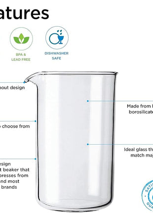 GROSCHE Borosilicate 3.3 Glass Universal Replacement Beaker for French Coffee and Tea Press Makers, 51 fl oz, Large