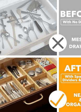 SpaceAid Bamboo Drawer Dividers with Inserts and Labels, Kitchen Adjustable Drawer Organizers, Expandable Organization for Home, Office, Dressers, 10 Dividers with 24 Inserts (17"-22" Natural)