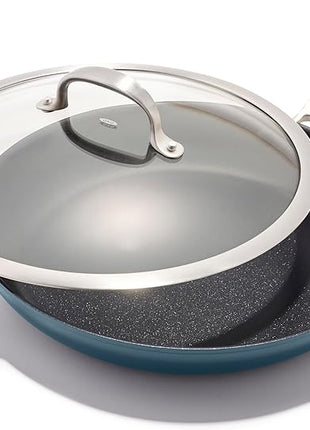 OXO Enhanced 12” Nonstick Frying Pan Skillet with Lid, Ceramic PFAS-Free Cookware, Stainless Steel Handle, Eggs & Omelets, Dishwasher & Oven Safe, Storm Blue