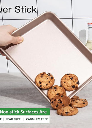 HONGBAKE Toaster Oven Pan Nonstick Set of 2, Premium 1/8 Sheet Pan for Baking, Small Cookie Sheet Tray, Dishwasher Safe and Heavy Duty - Rose Gold