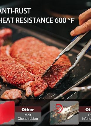 Tongs For Cooking - Heat Resistant 600 Degrees Stainless Steel Kitchen Tong, Heavy Duty Metal Locking Tongs - For Food,Salad, grilling, BBQ 7",9" & 12 inch, set of 3 Dishwasher Safe Blue