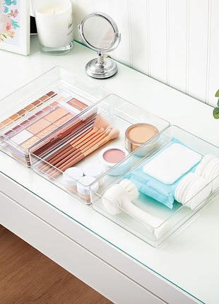 STORi SimpleSort 3-Piece Stackable Clear Drawer Organizer Set | 9" x 6" x 2" Rectangle Trays | Wide Makeup Vanity Storage Bins and Office Desk Drawer Dividers | Made in USA
