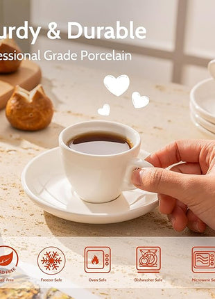 Sweese 2 Ounce Espresso Cups with Saucers, Porcelain Espresso Cups Set of 6 - White