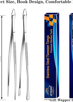 JETKONG 2 Pcs 12-Inch Kitchen Tweezers Fine Tweezer Tongs, Extra-Long Stainless Steel Cooking Tweezers (Silver)