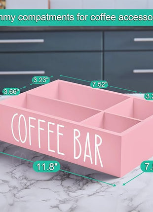 ALELION ALEION Coffee Station Organizer - Wood Countertop Accessories Organizer with Removable Dividers for Pods Condiment Syrup Tea Cups Stirrers - Pink Decor for Kitchen Coffee Bar