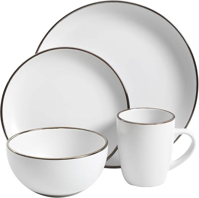 Gibson Home Rockaway Round Stoneware Dinnerware Set, Service for 4 (16pcs), Matte White/Metallic Rim