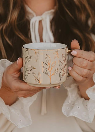 Sweet Water Decor Gold Leaves Mug with Gold Handle, 14oz Fine Bone China Coffee Cup for Tea, Latte, or Hot Cider, Autumn Leaf Drinkware, Fall Decorations for Kitchen, Gift for Mom, Sister & Wife