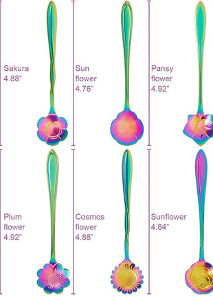 Chengu 8 Pieces Flower Coffee Tea Spoons Stainless Steel Sugar Spoons Tea Party Flower Fancy Tableware Set Stir Bar Creative Stirring Teaspoon, 8 Different Patterns(Rainbow Color)