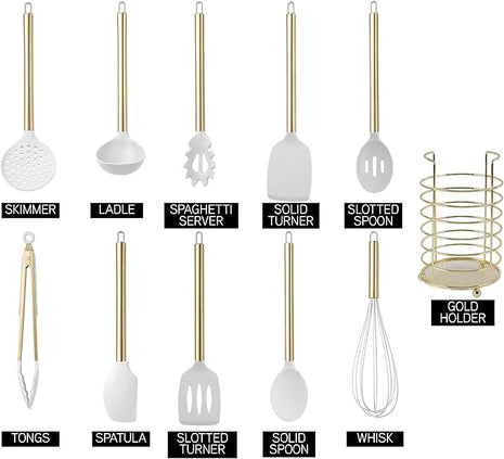 COOK WITH COLOR Silicone Cooking Utensils, Kitchen Utensil Set, Easy to Clean Silicone Kitchen Utensils, Cooking Utensils for Nonstick Cookware, Kitchen Gadgets Set with Holder, 10 Pieces